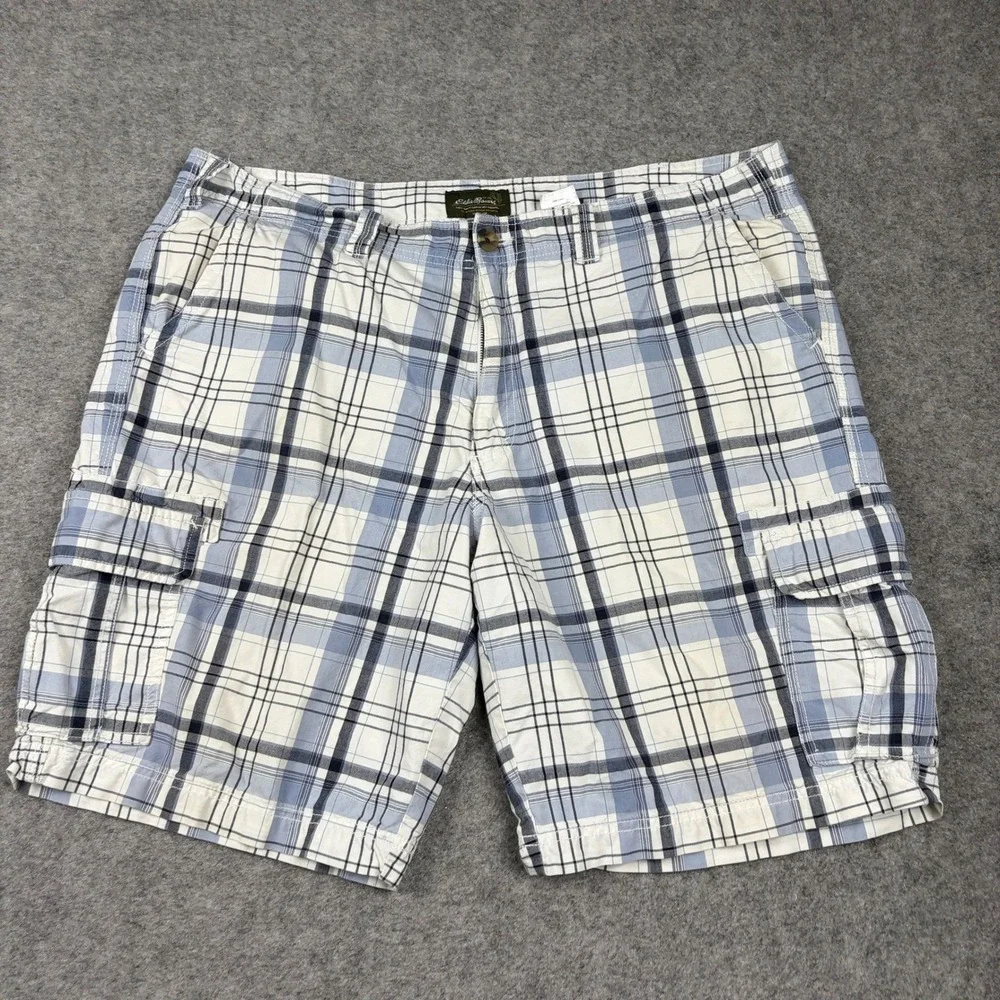 Eddie Bauer Cargo Shorts Mens 40 Blue White Plaid Cotton Outdoor Hiking‎ Utility